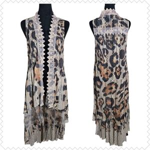 Origami By Vivien Sleeveless Leopard Lace-Trim Long Line  Duster Vest Size M